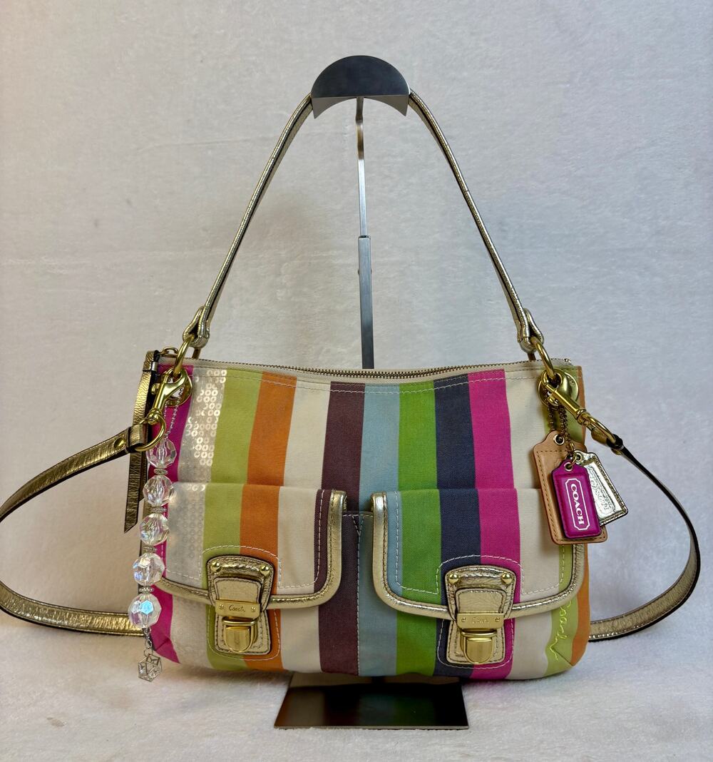 Coach Y2K Legacy Striped Sequined Hippie Hobo with Charm